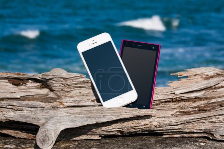 Foto de Teléfonos inteligentes con pantallas en blanco en el tronco del árbol en la orilla del mar, espacio de copia - Imagen libre de derechos