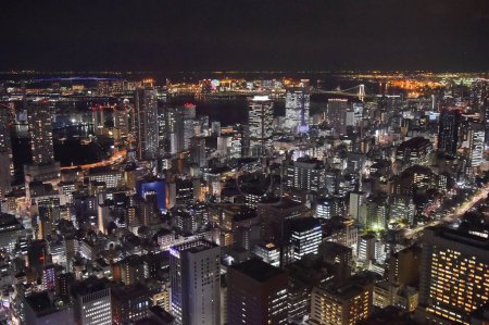 Foto de Paisaje nocturno por encima de la ciudad japonesa iluminada - Imagen libre de derechos
