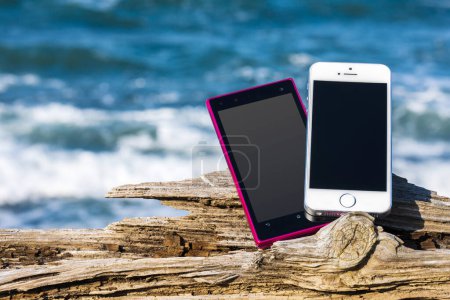 Foto de Teléfonos inteligentes con pantallas en blanco en el tronco del árbol en la orilla del mar, espacio de copia - Imagen libre de derechos