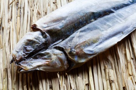 Photo for Dry mackerel fish on straw, close up - Royalty Free Image