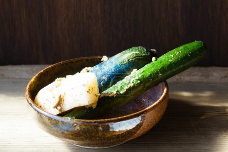 Photo for Japanese tofu cheese with eggplant and cucumber in bowl - Royalty Free Image