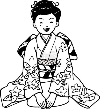 illustration of beautiful Japanese woman in traditional kimono sitting on white background