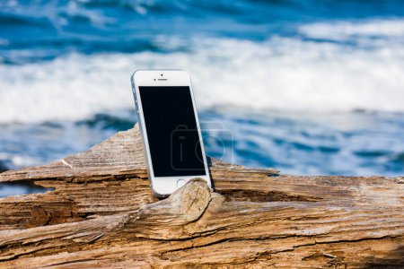 Téléchargez les photos : Smartphone avec écran vierge sur le tronc d'arbre au bord de la mer, espace de copie - en image libre de droit