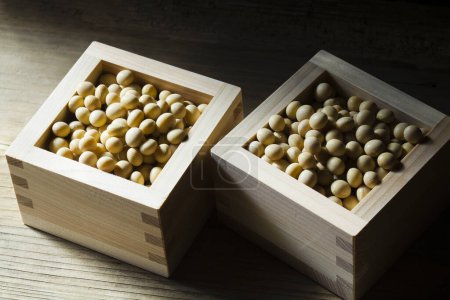 Photo for Square wooden bowls of raw soy beans for cooking - Royalty Free Image