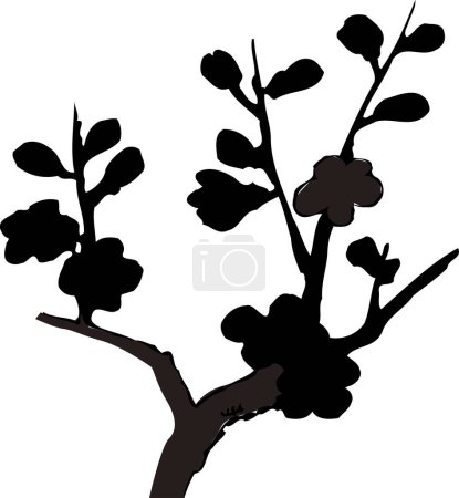 Téléchargez les photos : Branches d'arbres avec feuilles et fleurs, silhouette noire isolée sur fond blanc - en image libre de droit