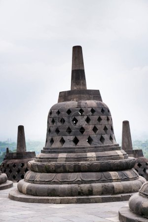 beautiful architecture of stupas at Borobudur Buddhist temple in Magelang Regency, near the city of Magelang and the town of Muntilan, in Central Java, Indonesia