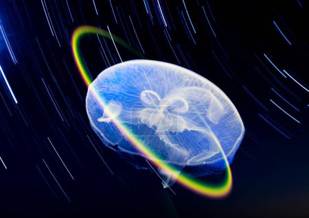Foto de Vista de cerca de medusas sobre fondo oscuro - Imagen libre de derechos