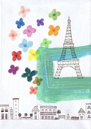 Foto de Dibujando un boceto de la Torre Eiffel con hermosas flores sobre papel blanco - Imagen libre de derechos