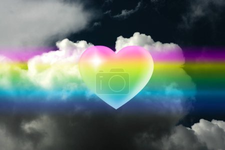 Photo for Colorful rainbow heart over grey sky background with clouds - Royalty Free Image