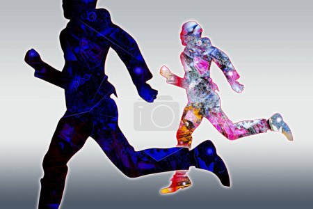 Téléchargez les photos : Rendement 3d du running man, composite numérique, silhouette sur fond gris - en image libre de droit