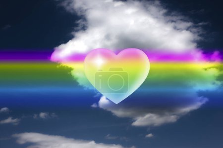 Photo for Colorful rainbow heart over grey sky background with clouds - Royalty Free Image
