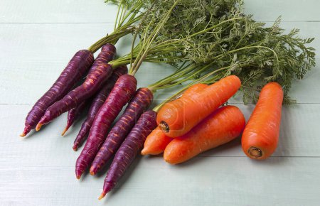Photo for Bunch of fresh purple and orange carrots on a wooden table - Royalty Free Image