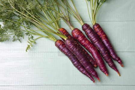 Photo for Bunch of fresh purple carrots on wooden table - Royalty Free Image