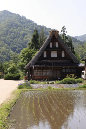 Foto de Pueblos históricos de Shirakawa-go y Gokayama, patrimonio mundial de la UNESCO en Japón. Antiguas casas tradicionales japonesas y campos de arroz - Imagen libre de derechos