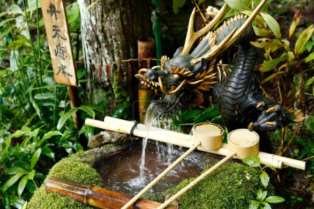 Téléchargez les photos : Fontaine japonaise avec statue de dragon dans un jardin japonais - en image libre de droit