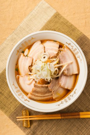 Photo for Cuisine photo of noodle soup with vegetables and pork, Asian food - Royalty Free Image
