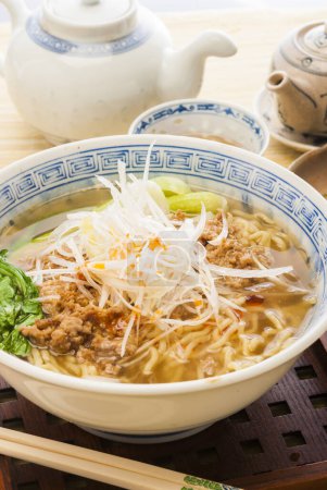 Photo for Cuisine photo of noodle soup with vegetables and pork, Asian food - Royalty Free Image