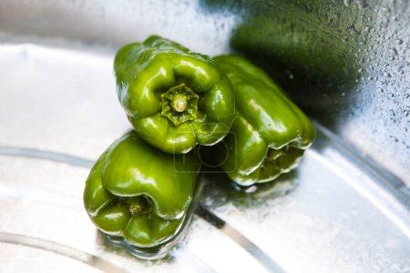 Photo for Fresh green bell peppers in metal bowl - Royalty Free Image