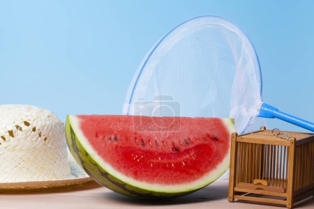Photo for Slice of fresh red watermelon on wooden table - Royalty Free Image