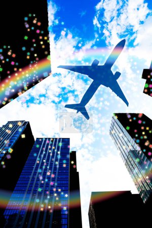 Photo for Airplane flying above with modern city on background - Royalty Free Image