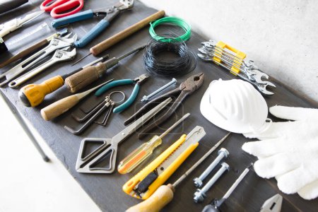 Photo for Construction and repair tools on the wooden table - Royalty Free Image