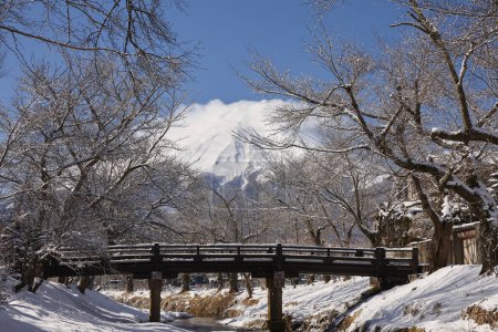 Foto de Hermosa vista de la montaña nevada Fuji y el puente de madera en Japón - Imagen libre de derechos