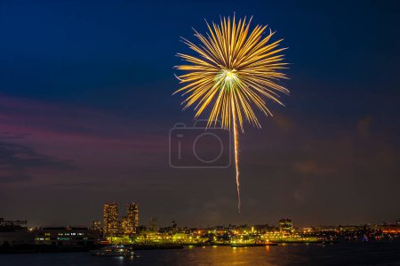 Photo for Fireworks over the bay of yokohama in japan. - Royalty Free Image