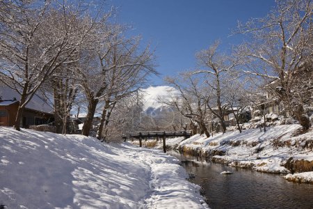 Foto de Hermosa vista de la montaña nevada Fuji y el puente de madera en Japón - Imagen libre de derechos