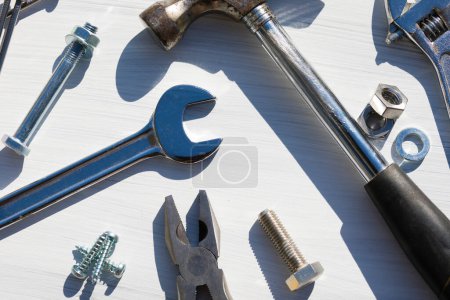 Photo for Set of construction tools on white wooden table - Royalty Free Image