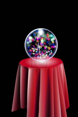 Foto de Bola de cristal con fuegos artificiales sobre mesa roja sobre fondo negro - Imagen libre de derechos