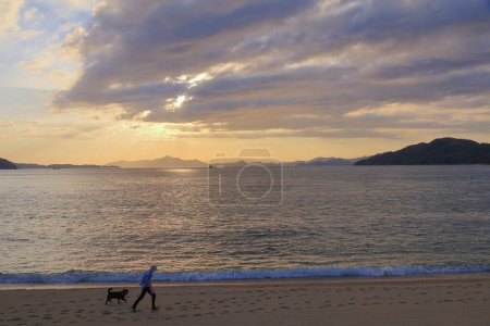 Téléchargez les photos : Homme promenades avec chien coucher de soleil sur la mer - en image libre de droit