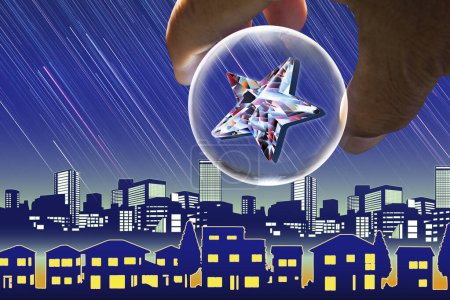 Photo for Man holding star over city with buildings - Royalty Free Image