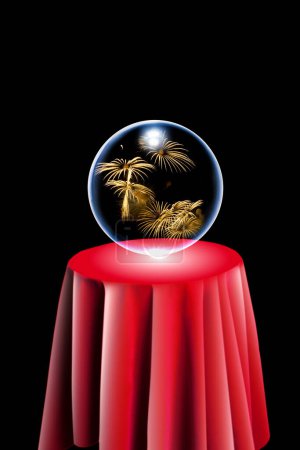Téléchargez les photos : Boule de cristal avec feux d'artifice sur table rouge sur fond noir - en image libre de droit