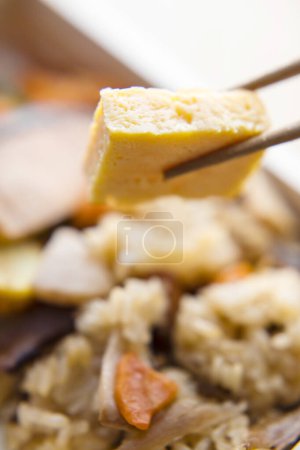 Photo for Close up view of delicious Asian food. Rice with vegetables, seafood and fish - Royalty Free Image
