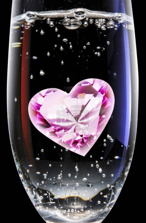 Photo for Champagne glass with pink heart inside over black background - Royalty Free Image