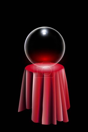 Téléchargez les photos : Boule de cristal sur table avec tissu de velours rouge sur fond noir - en image libre de droit