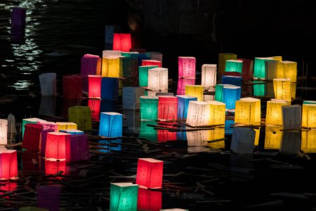Obon Festival, colorful lanterns floating on Lake Shinji, Matsue, Japan