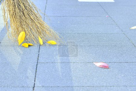 Téléchargez les photos : Balai dans la rue de la ville et feuilles jaunes d'automne - en image libre de droit