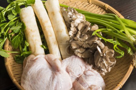 Téléchargez les photos : Viande de poulet crue fraîche, champignons et herbes dans le panier - en image libre de droit