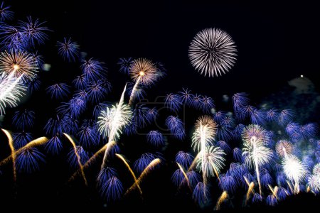 Foto de Fuegos artificiales en el cielo nocturno oscuro, fondo festivo. - Imagen libre de derechos