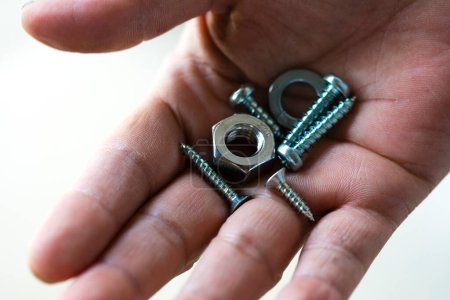 Photo for Close - up of a hand holding a screws with nuts - Royalty Free Image