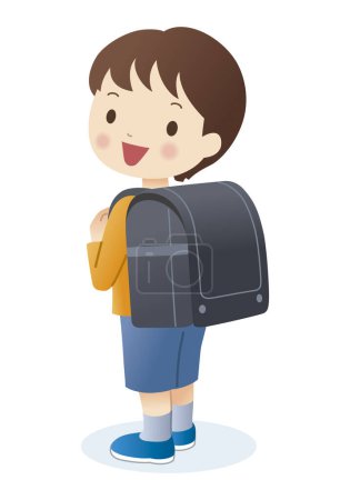 Foto de Linda ilustración de dibujos animados niño feliz con mochila - Imagen libre de derechos