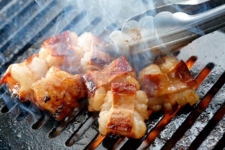 Photo for Grilled pork meat pieces on barbecue - Royalty Free Image