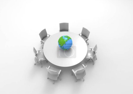 Foto de 3d ilustración de mesa con sillas y globo, concepto de red global - Imagen libre de derechos