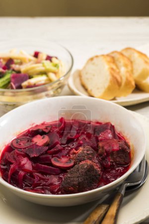 Photo for Beetroot borscht with cream and beetroot soup. - Royalty Free Image