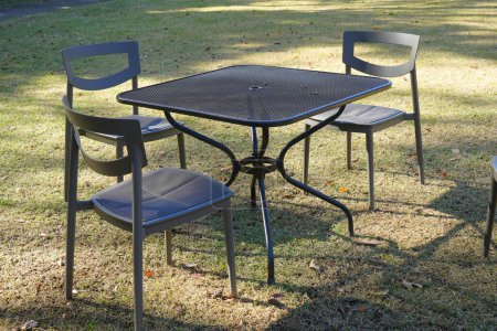 Téléchargez les photos : Table d'extérieur et chaises sur l'herbe dans le jardin d'été - en image libre de droit