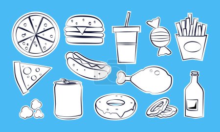 Téléchargez les illustrations : Collection d'autocollants de bande dessinée de bande dessinée - Fast Food Icône Set - en licence libre de droit