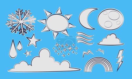 Ilustración de Colección de pegatinas cómicas de dibujos animados - Conjunto de vectores de iconos meteorológicos - Imagen libre de derechos