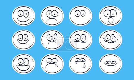 Illustration for Cartoony Comic Stickers Simple Icon Collection - Emojis Heads Faces Smiley Expressions - Royalty Free Image