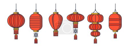 Téléchargez les illustrations : Lanternes chinoises icône, style contour - en licence libre de droit